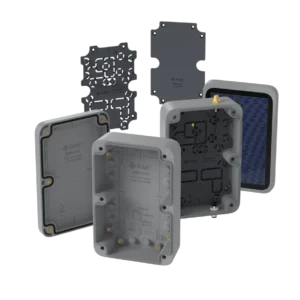 Unify Enclosure IP67 Grau 150×100×45 mm mit spezieller Montageplatte, vorinstallierten M8-5-Pin- und RP-SMA-Antennenanschlüssen